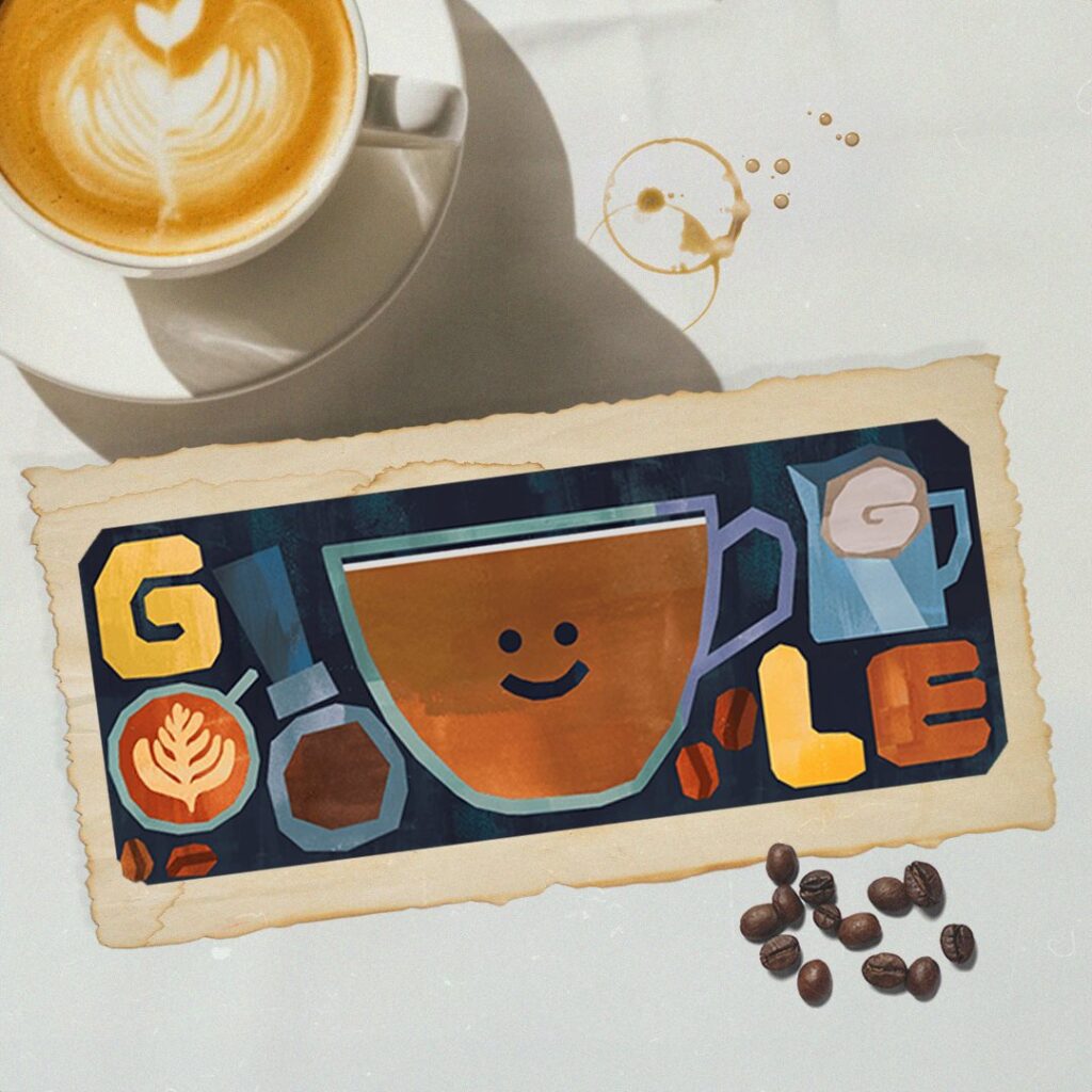 Google Doodle : Celebrates ‘ Flat white ’ coffee beverage with animated animation .