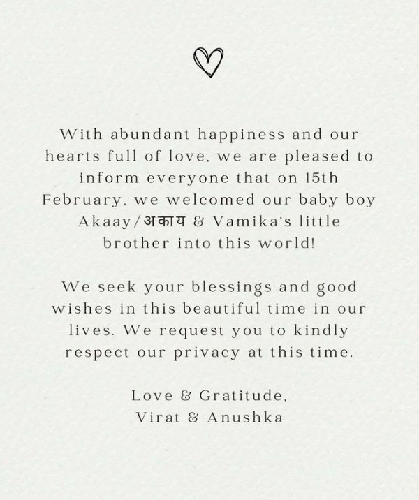 Virat Kohli and Anushka Sharma Greetings for Baby Boy, Akaay, 'Vamika's Little Brother'