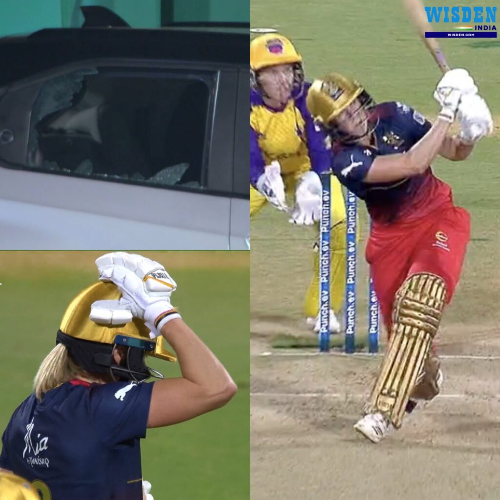 Ellyse Perry uses a strong six to smash vehicle window glass, and the RCB batter's response is priceless.
